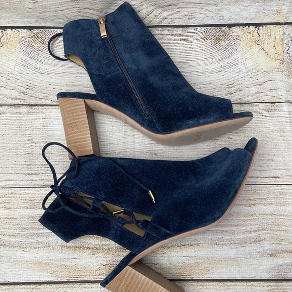 Vaneli Blue Suede Peep Toe Chunky Wood Heels Slingback Sandal Booties Size 10 - Picture 7 of 8